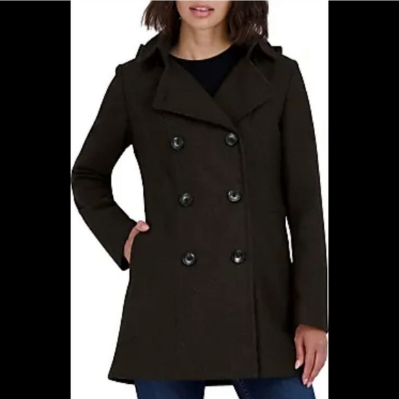 CALVIN KLEIN Wool Dark Brown Double Breasted Peacoat Size 10 Wool Coat Jacket - Picture 1 of 10